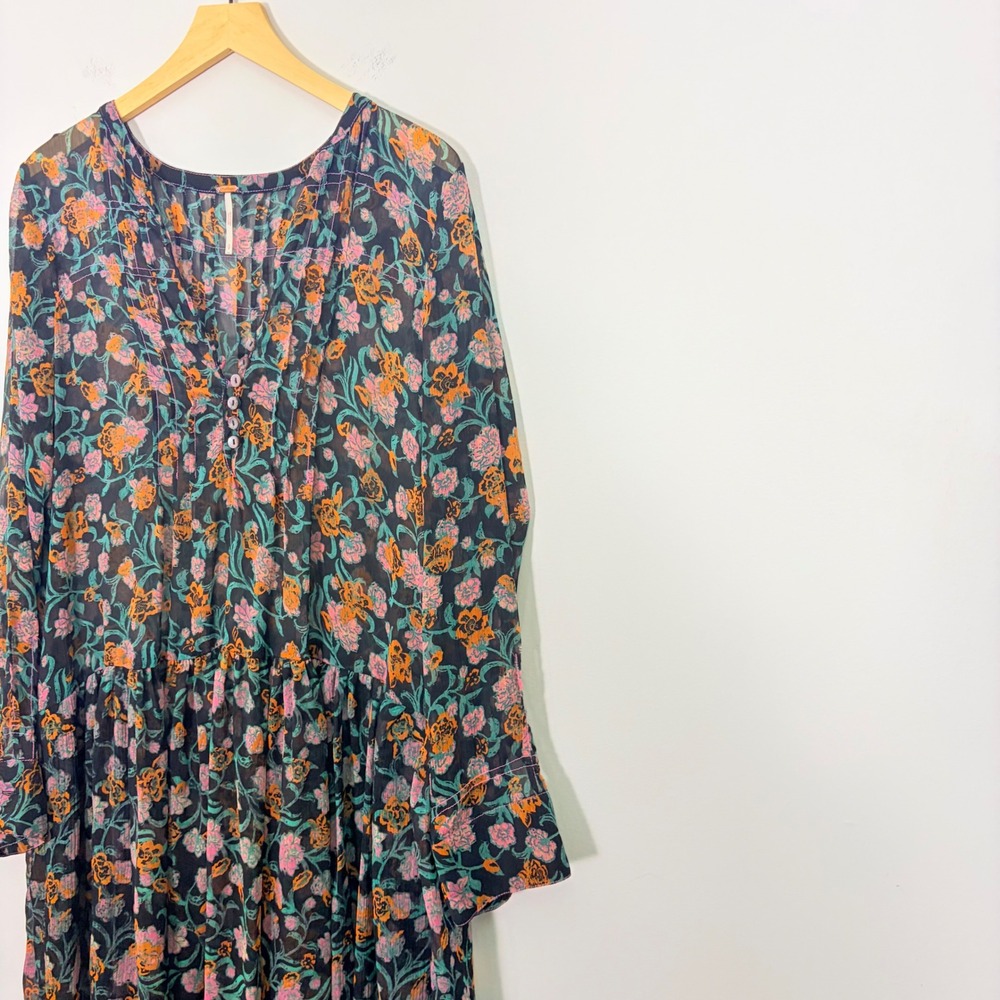 Free People See It Through Floral Long Sleeve Maxi Dress Black Combo Small - Picture 4 of 9
